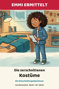 Titelbild: Emmi mit Notizbuch in einem Werkraum, auf dem Tisch zerschnittener Stoff und eine Schere.