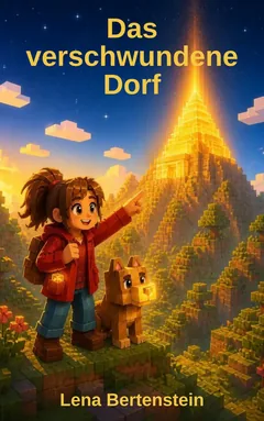 Titelbild: Mika und ein Hund aus Blöcken; Mika zeigt auf eine leuchtende goldene Pyramide.