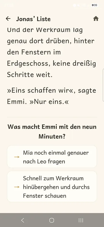 Ende eines Abschnitts mit der Frage „Was macht Emmi mit den neun Minuten?“ und zwei Antwortknöpfen.