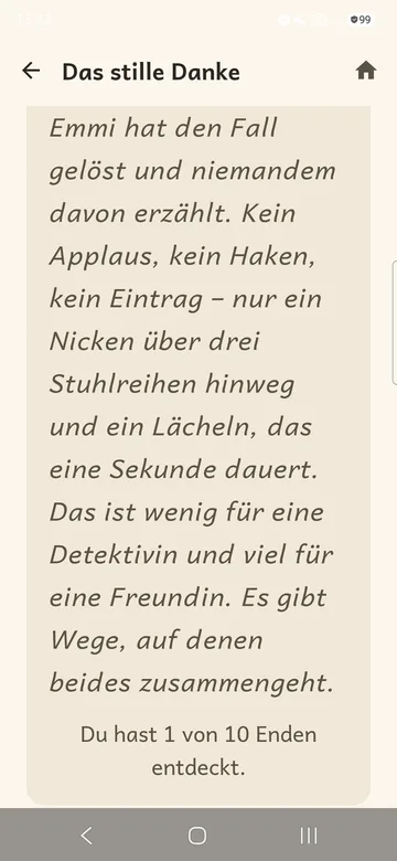 Ein Ende der Geschichte auf Sepia-Hintergrund, darunter „Du hast 1 von 10 Enden entdeckt.“