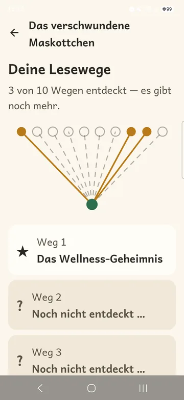„Deine Lesewege“: ein Fächer aus zehn Wegen, drei davon entdeckt, darunter die Liste der Wege.