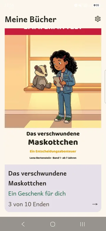 „Meine Bücher“ mit dem Titelbild von „Das verschwundene Maskottchen“, Hinweis „Ein Geschenk für dich“ und „3 von 10 Enden“.