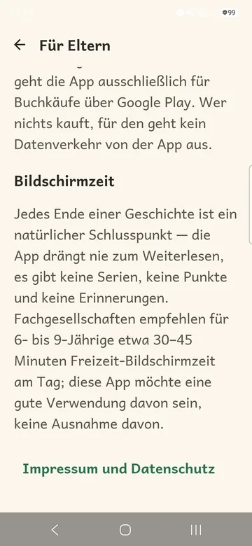 Bereich „Für Eltern“ mit dem Abschnitt „Bildschirmzeit“ und dem Link „Impressum und Datenschutz“.